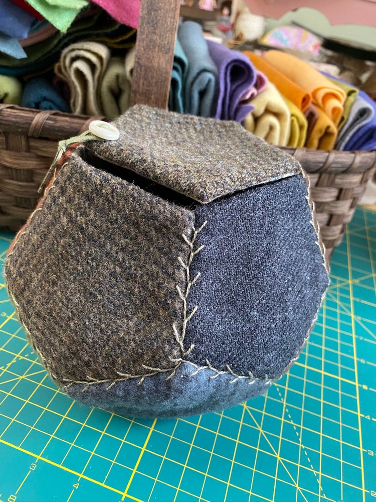 Primitive Wool Sewing Box - Hand Pieced Pentagon Shapes