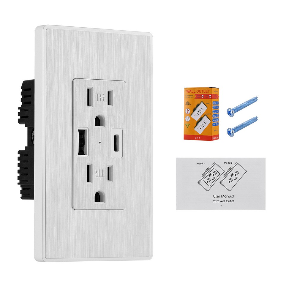 15A Dual USB-TYPE-C Wall Outlet Charger Port Socket With Electrical Receptacles