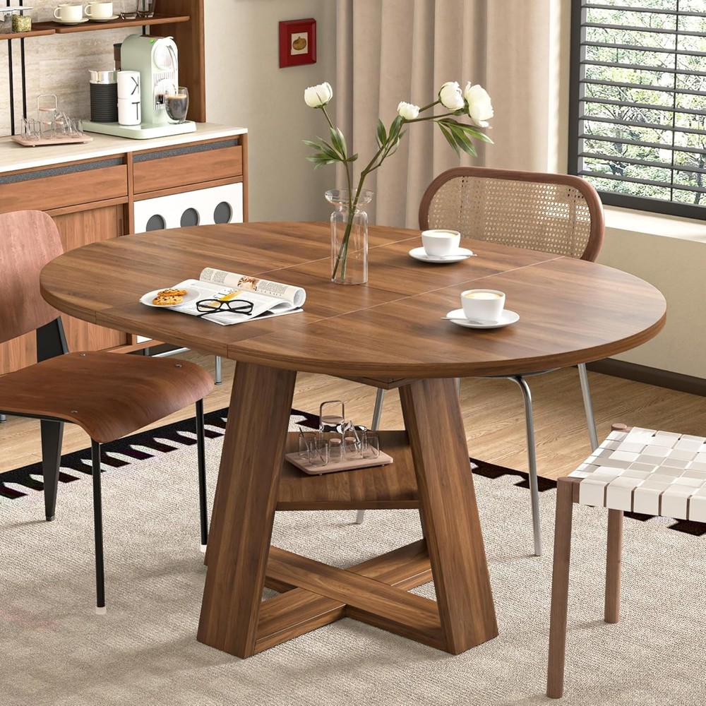 Modern Walnut Dining Table with Removable Leaves for 4-8 - Space Saving Design
