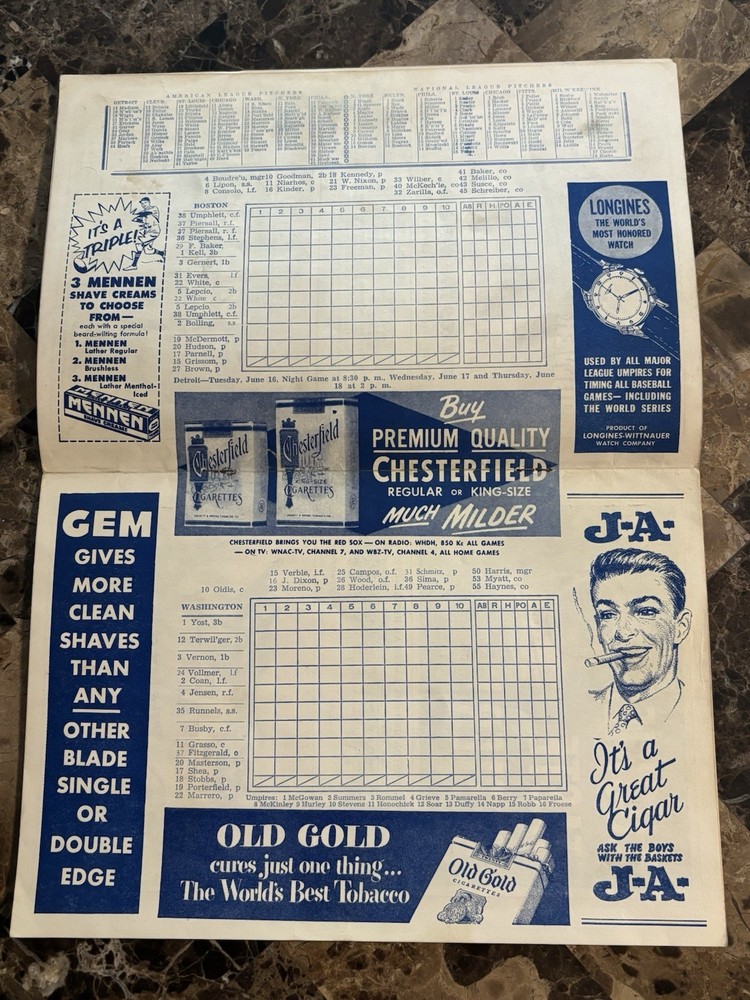 1953 Boston Red Sox Baseball Program vs Senators Unscored