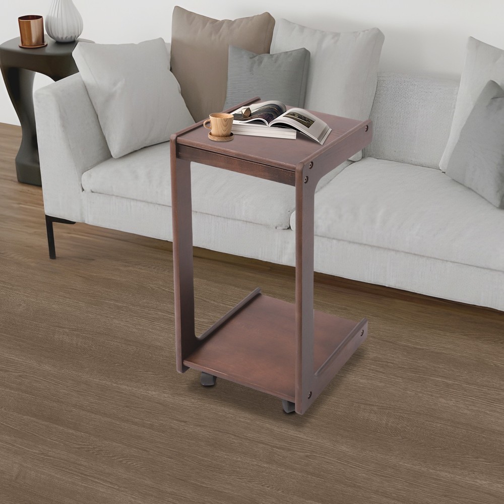 2-Tierd Solid Wood Bedside C-Shaped Side Table w/ Drawer & Lockable Wheels