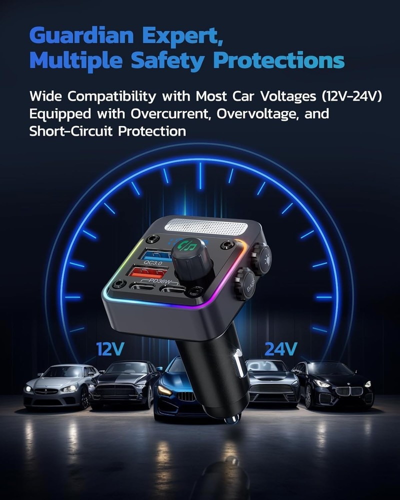 Smart 54W Bluetooth Car Adapter with Fast Charging and Dynamic LED Lights
