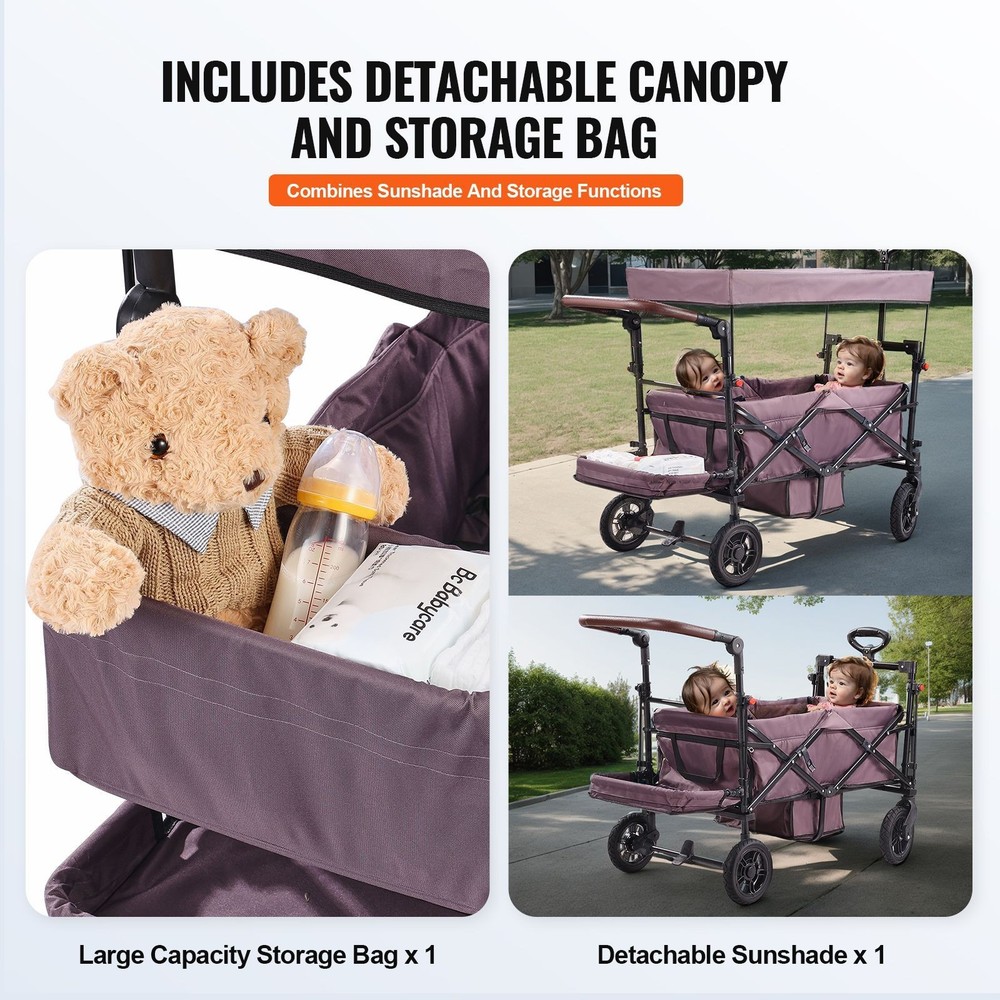 Wagon Stroller for 2 Kids, Push Pull Quad Collapsible Stroller with Adjustable H