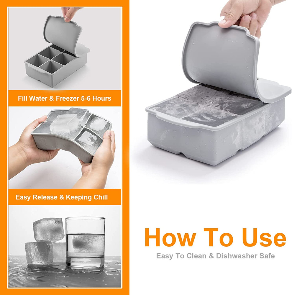 Large Ice Cube Tray with Lid, Stackable Big Silicone Square Ice Cube Mold for Wh