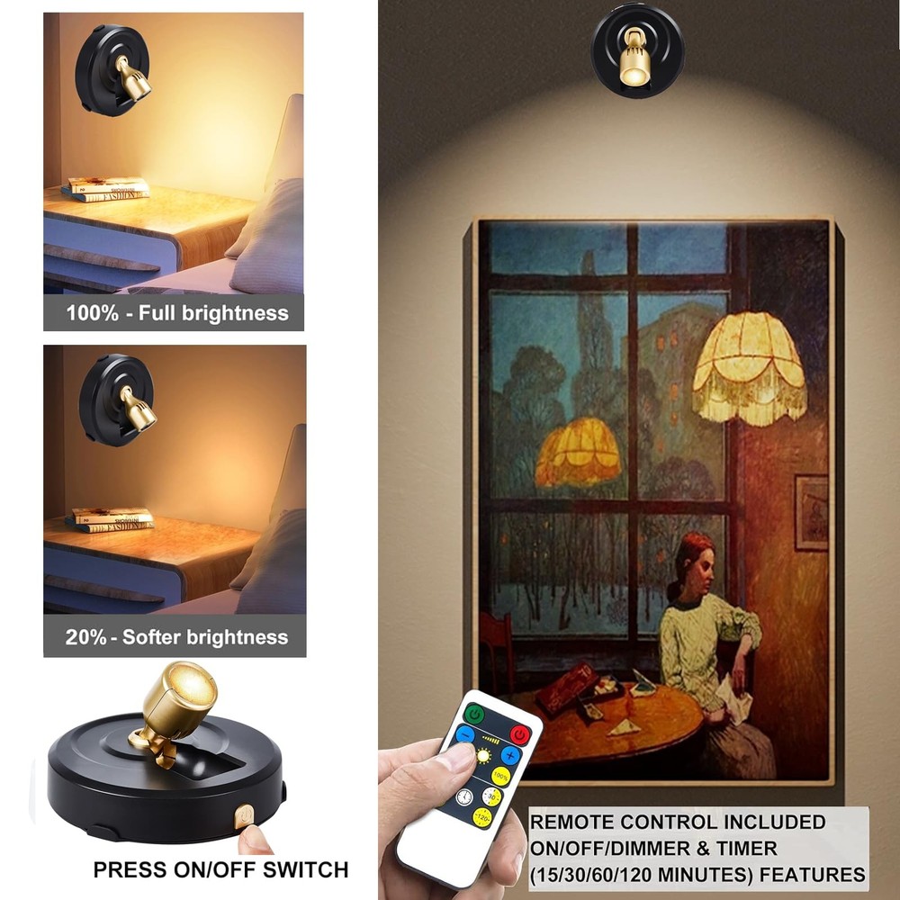 2 Pack Wireless LED Spotlight Battery Powered Picture Lights with Remote Control