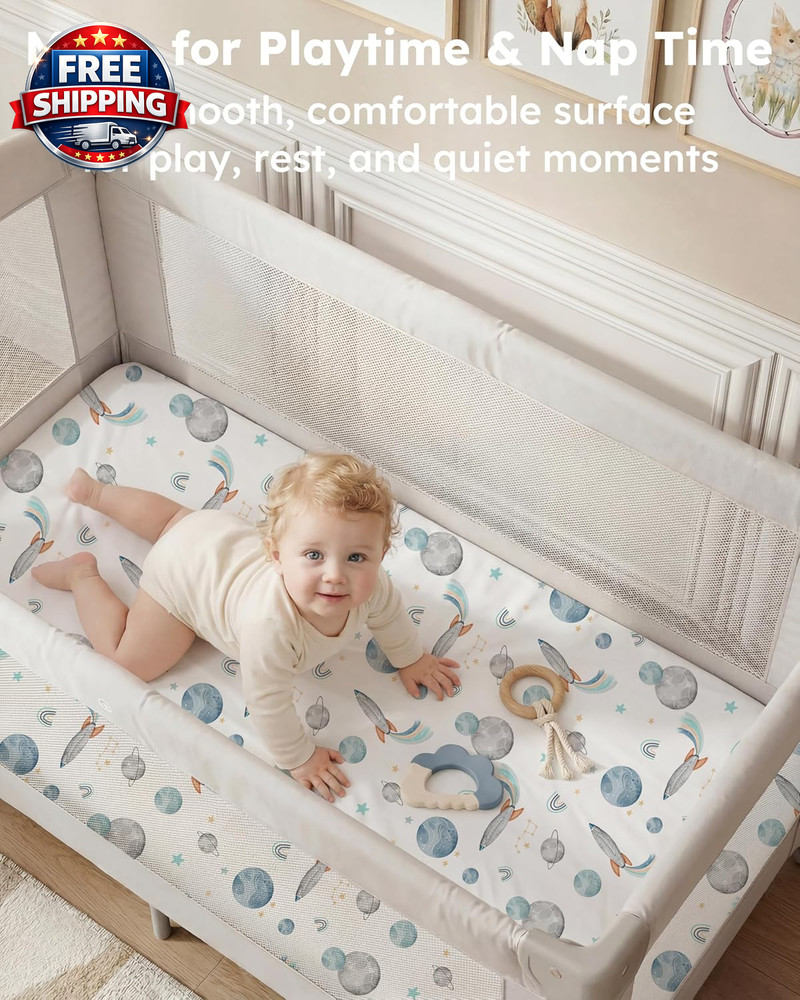 Blue Rocket Pack and Play Sheets for Mini Crib, 2-Pack Fitted Soft Sheets