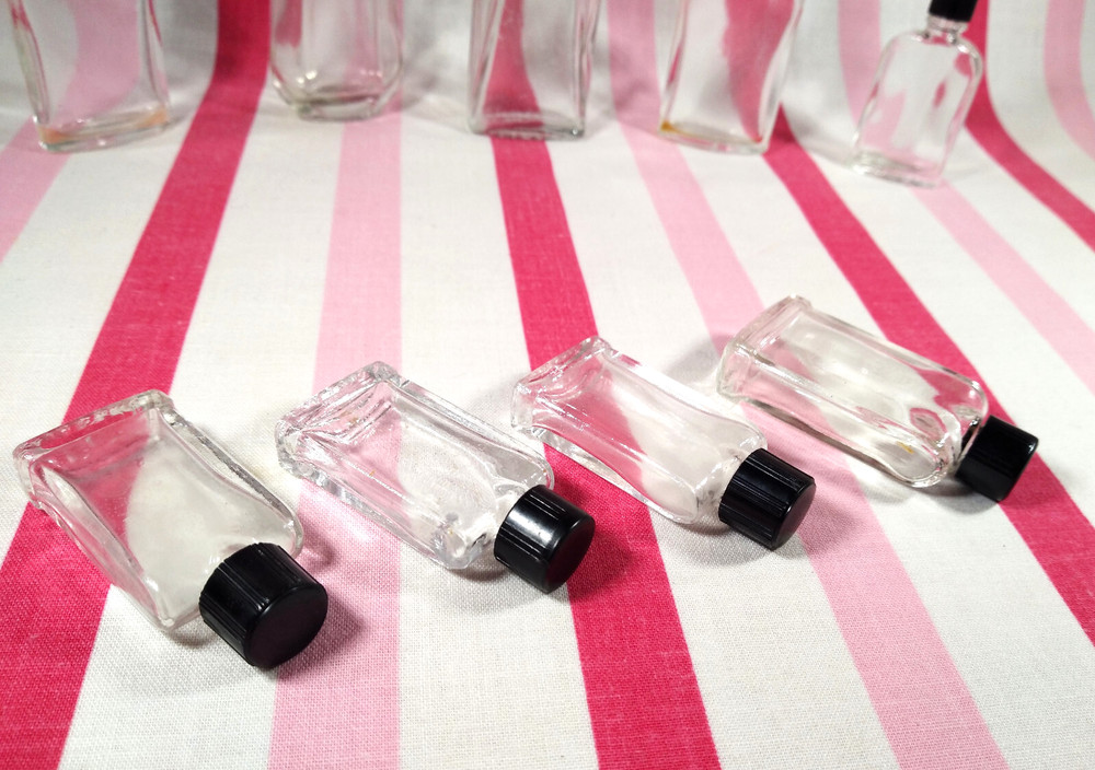 Charming Mid Century 9pc Mini Glass Perfume Bottle Multi Size Collection + Lids