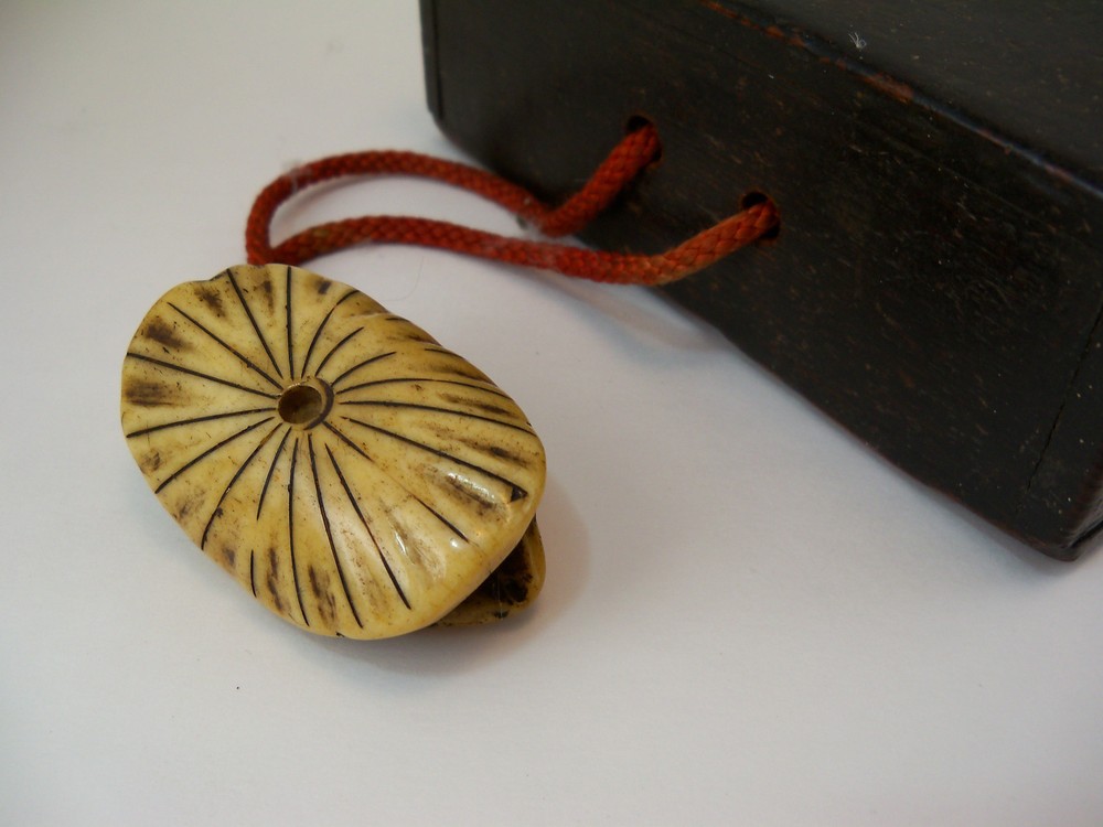 Antique Japanese Wood Book Pamphlet Box with Shell Netsuke