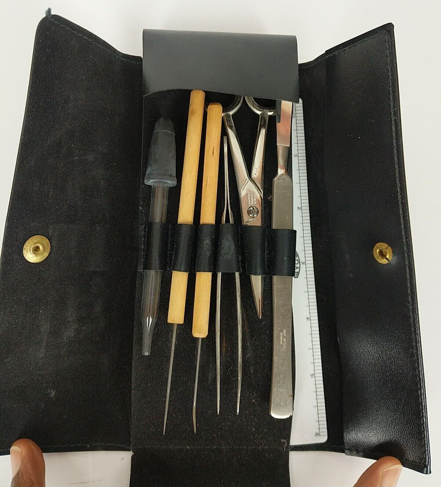 GRAF APSCO Germany Vtg Dissection Kit~Leather Case~6 Tools+Ruler