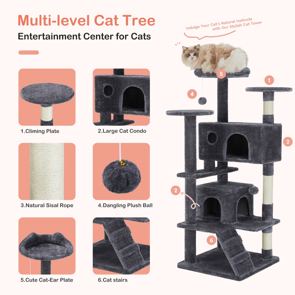 Modern Gray 54" Multi-Level Cat Tree Tower with Scratching Posts and Perches