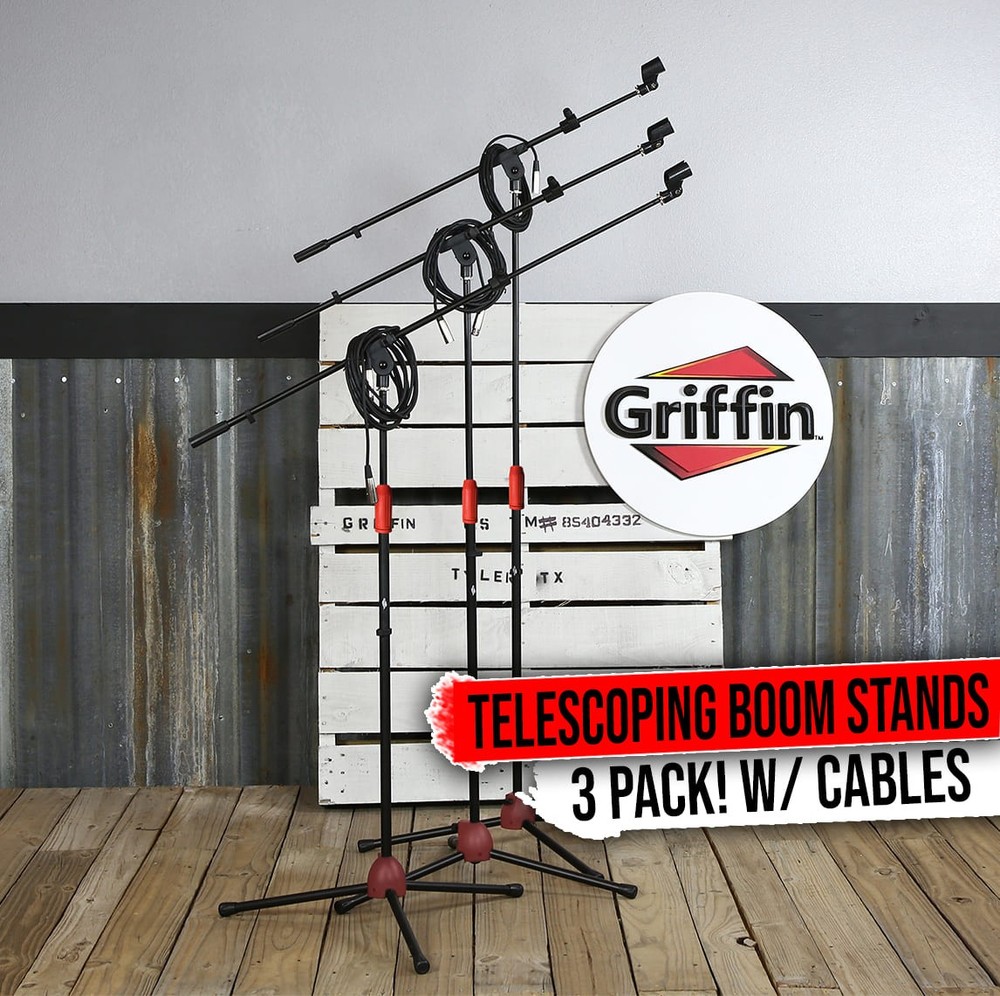 GRIFFIN Microphone Stand 3-PACK Boom Arm Holder XLR Cable Mic Clip Stage Studio
