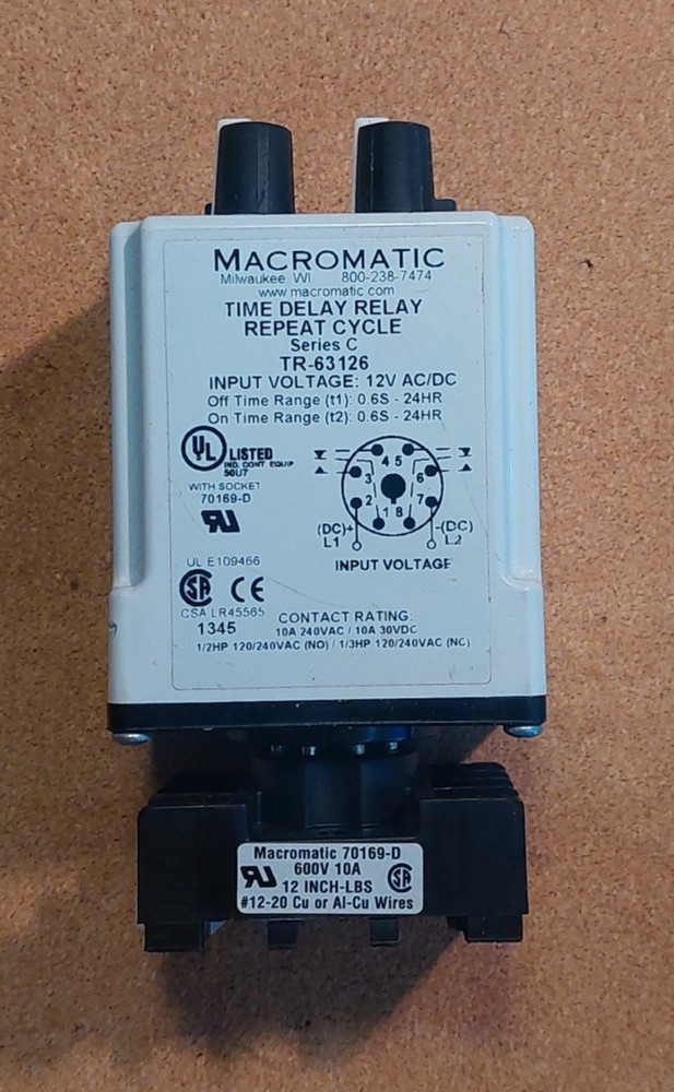 MACROMATIC TR-63126 Time Delay Relay, 12VAC/DC