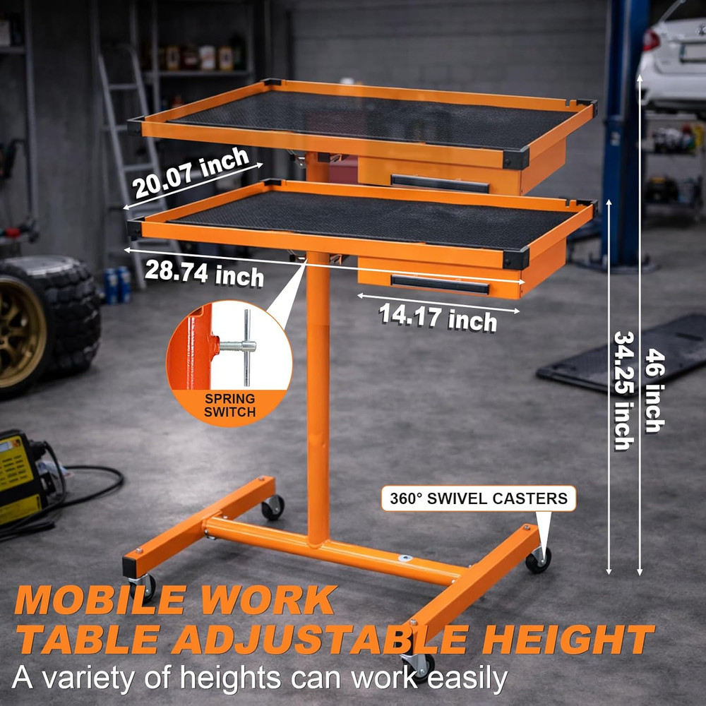 Heavy Duty Adjustable Work Table with Drawer & Wheels, 220Lbs Capacity, Orange