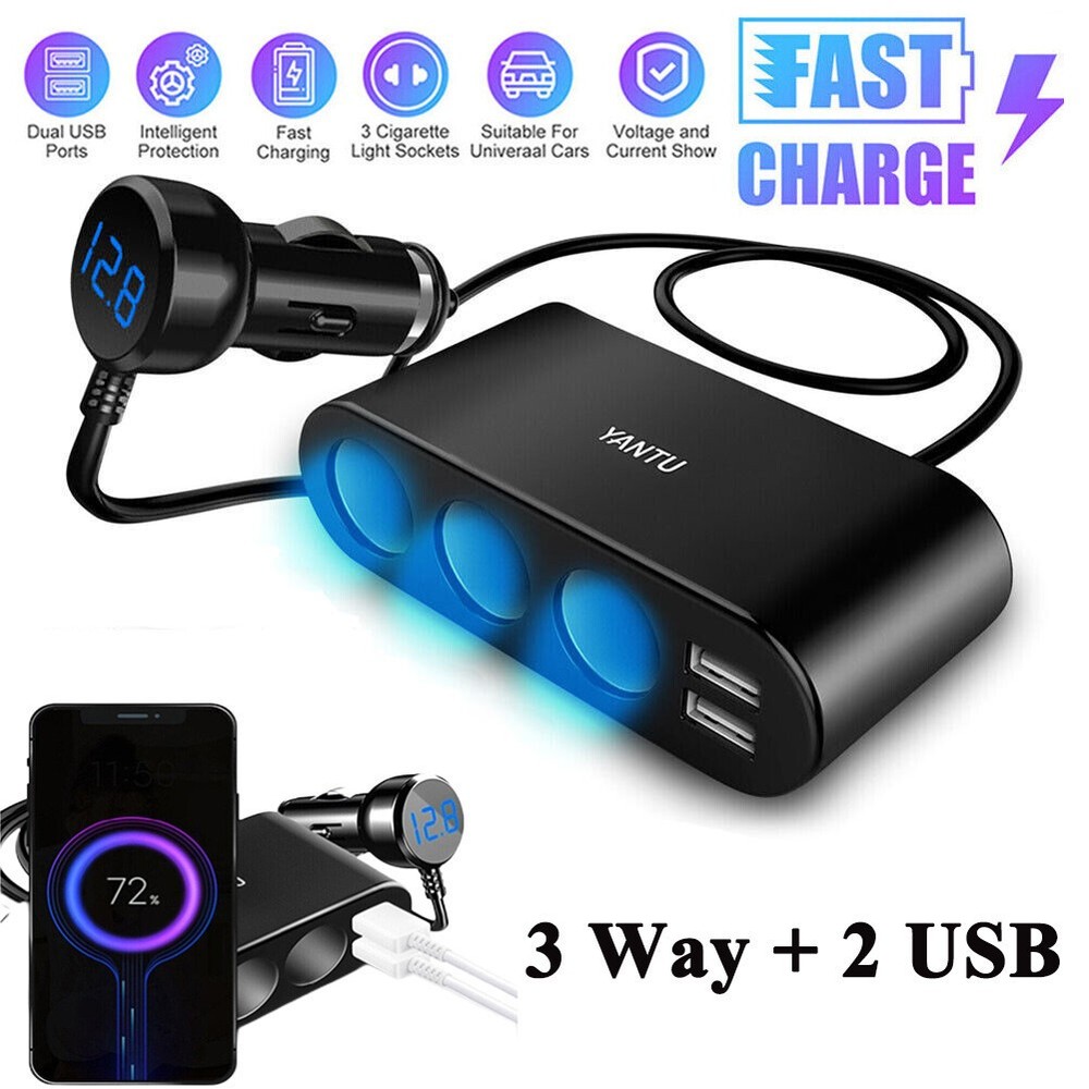 12V 3-Way Car Cigarette Lighter Socket Splitter USB Fast Charger Power Adapter