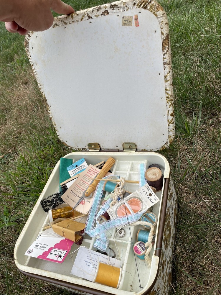 Vintage MCM Sewing Storage Box Cushion Top BL