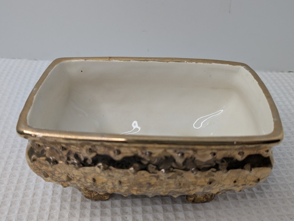 MCM Weeping Gold Style Planter Pottery Ceramic Textured Gilded Glaze Footed Base
