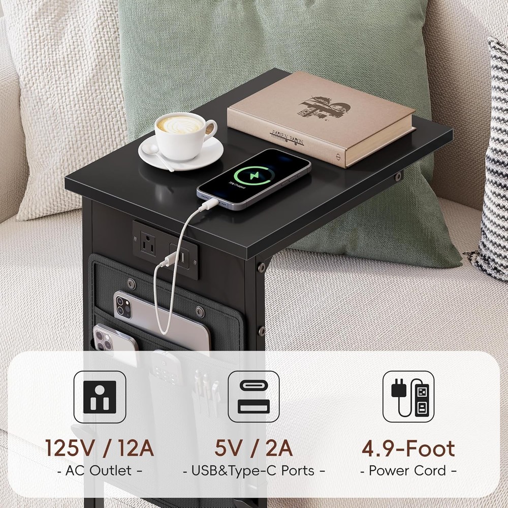 C Shaped End Table with Charging Station Adjustable Height Side Table for Sofa