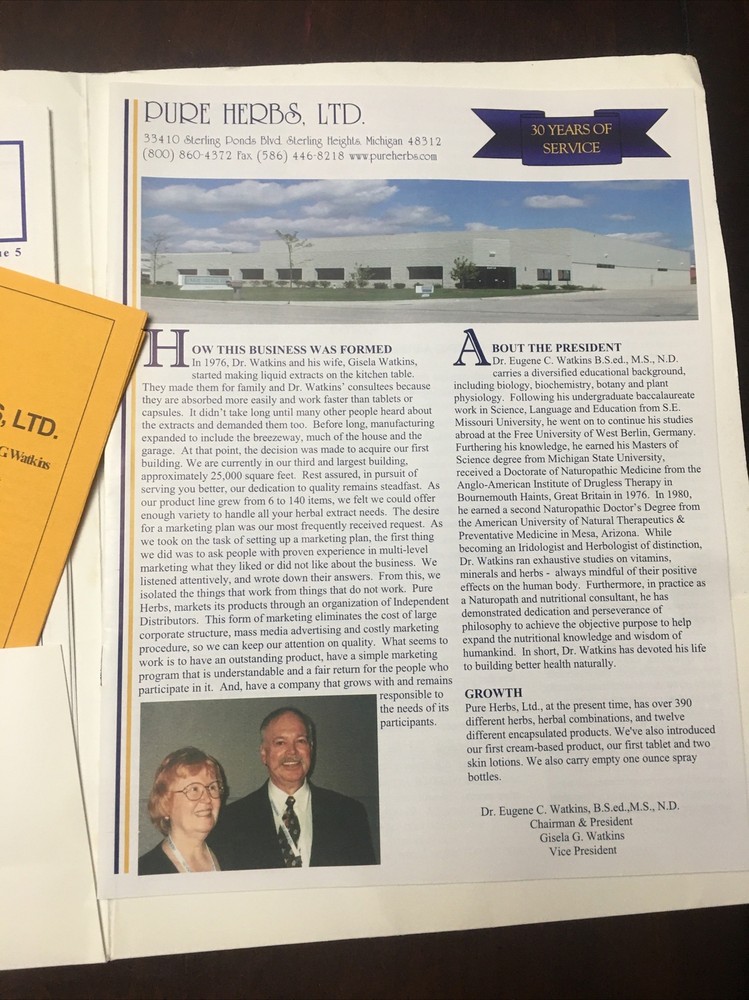 Pure Herbs, LTD distributor pamphlet