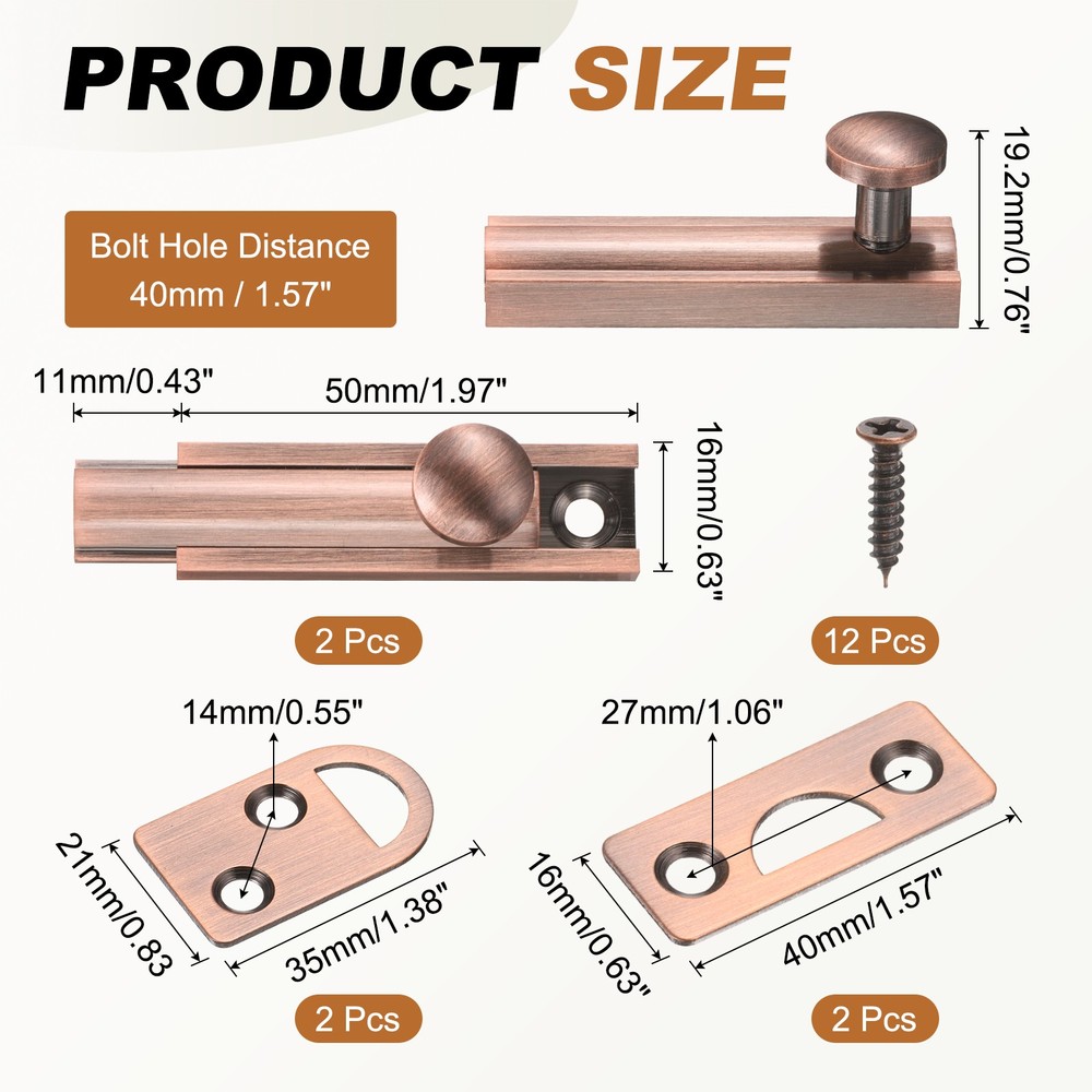 2Pcs 2" Solid Brass Surface Bolt, Brushed Slide Latch Door Lock, Red Bronze