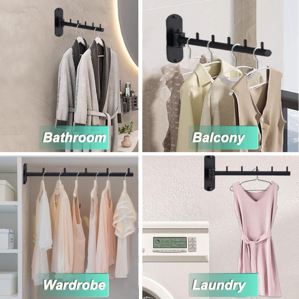 Folding Wall Mounted Clothes Hanger Rack with Swing Arm, Foldable 180°Rotatio...