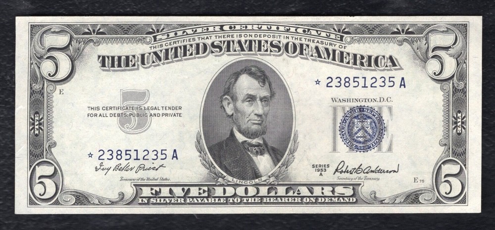 FR. 1656* 1953-A $5 FIVE DOLLARS *STAR* SILVER CERTIFICATE NOTE ABOUT UNC