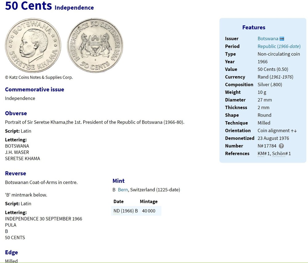 1966 BOTSWANA Silver 50C SERETSE KHAMA UNC 50 Cent independence uncirculated