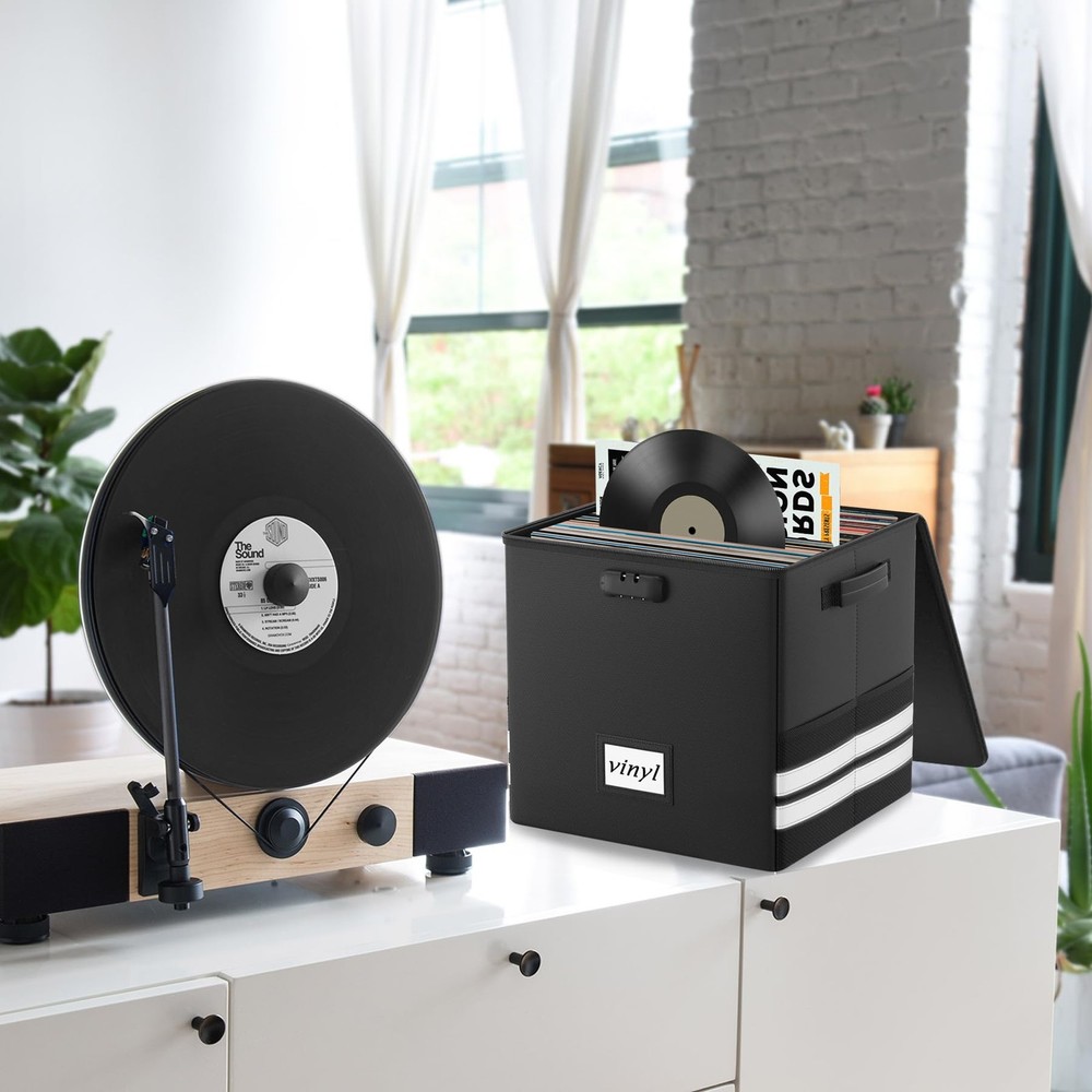 Vinyl Record Storage Box with Lock, Fireproof Waterproof Resistant Organizer ...