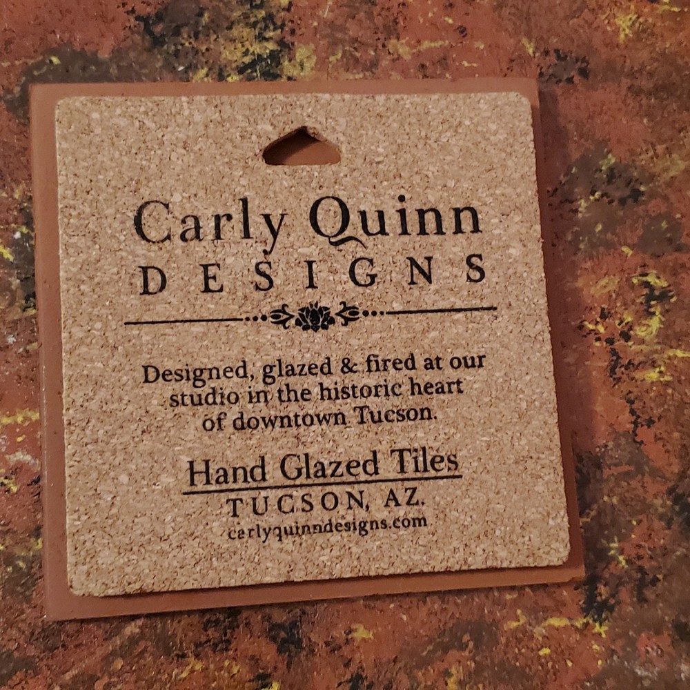CARLY QUINN DESIGNS 4” TILE COASTER WHITE CACTUS FLOWER CORKED BACK EUC
