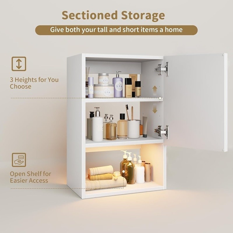 Adjustable Wall-Mounted Bathroom Cabinet W/ Soft-Close Doors & LED Light New