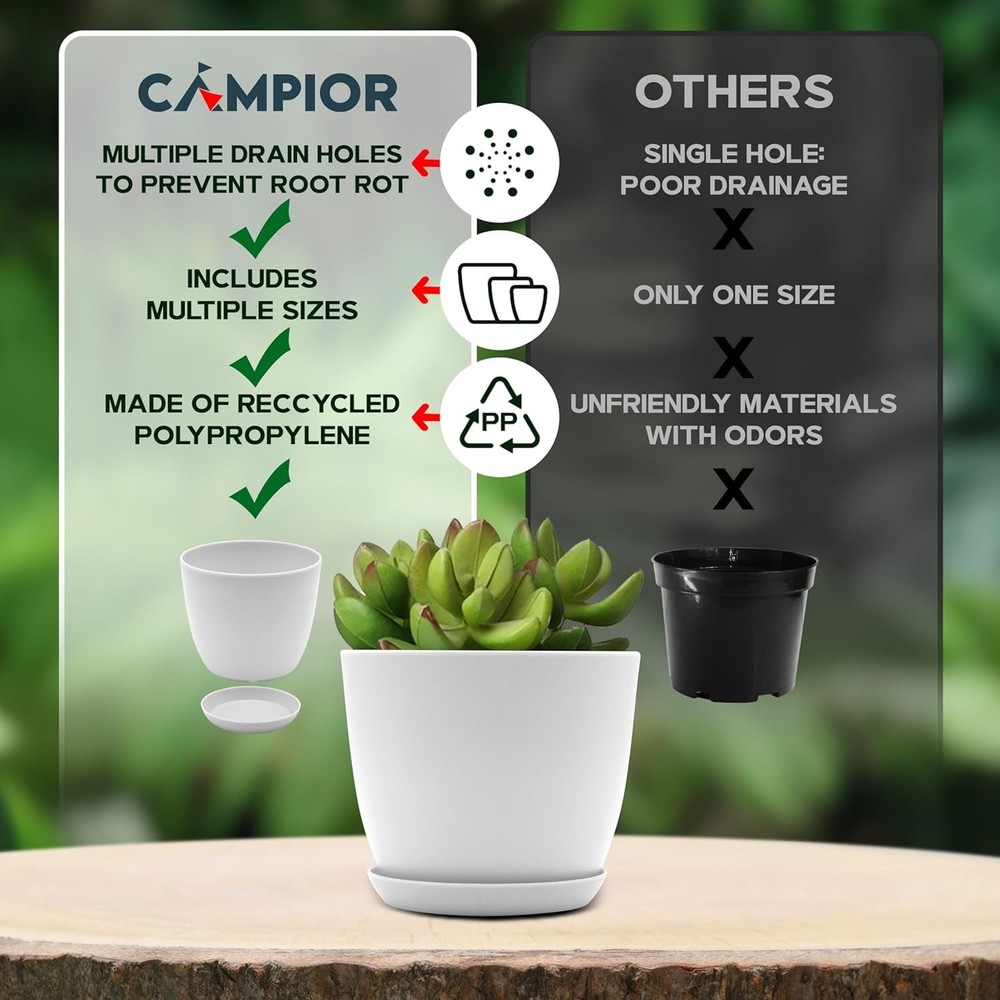 Campior Plastic Plant Pots with Drainage, Stackable Design Indoor/Outdoor Use