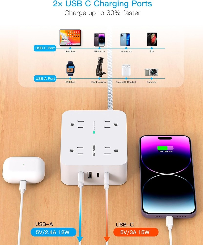 Surge Protector Power Strip USB (2 USB C) Charging Ports, Multi Plug