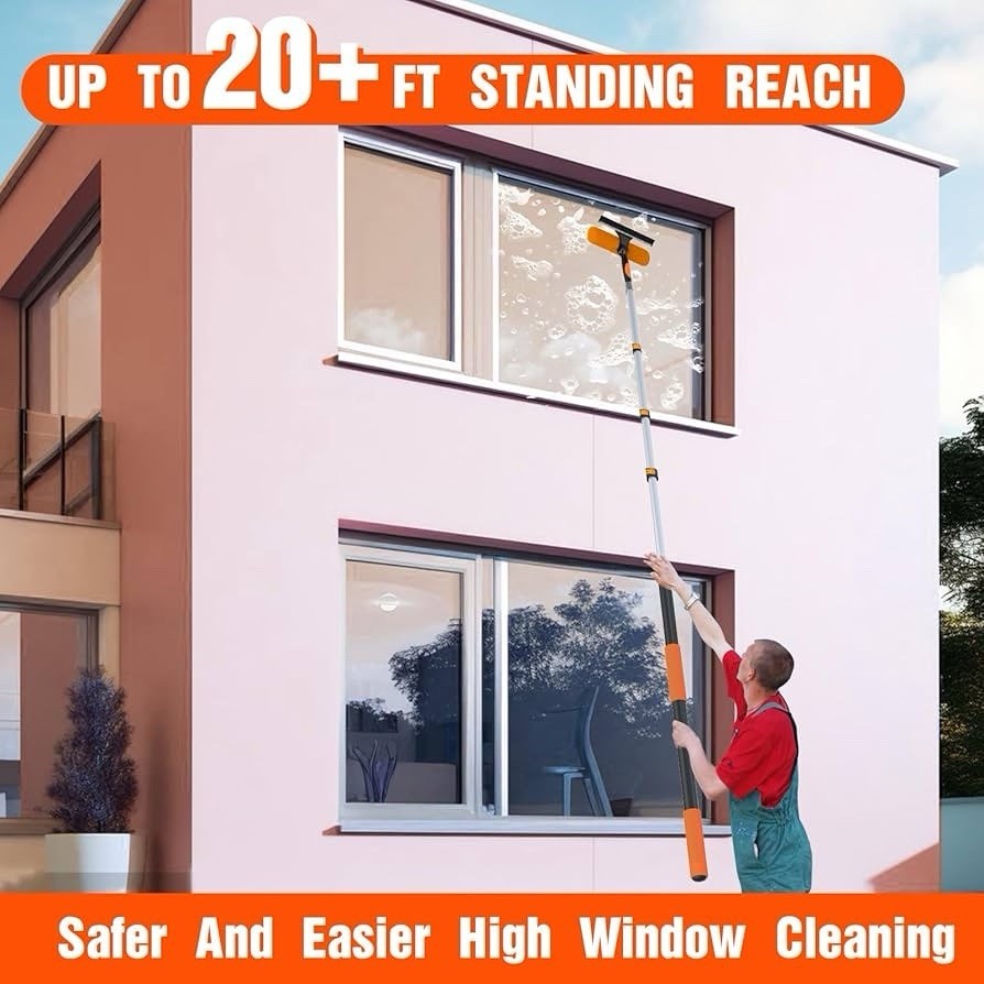2-in-1 Extendable Window Squeegee Adjustable Head Absorbent Cloth Orange