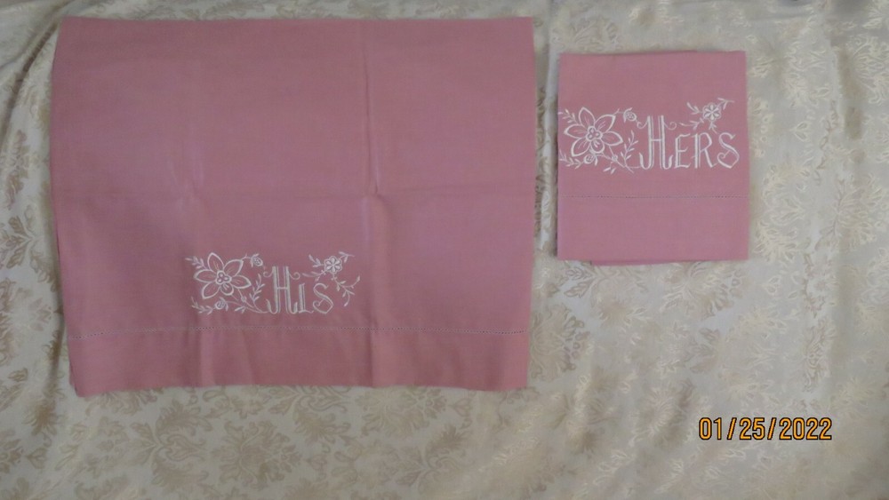 His & Hers Pink Machine Embroidered Pillow Cases (2)