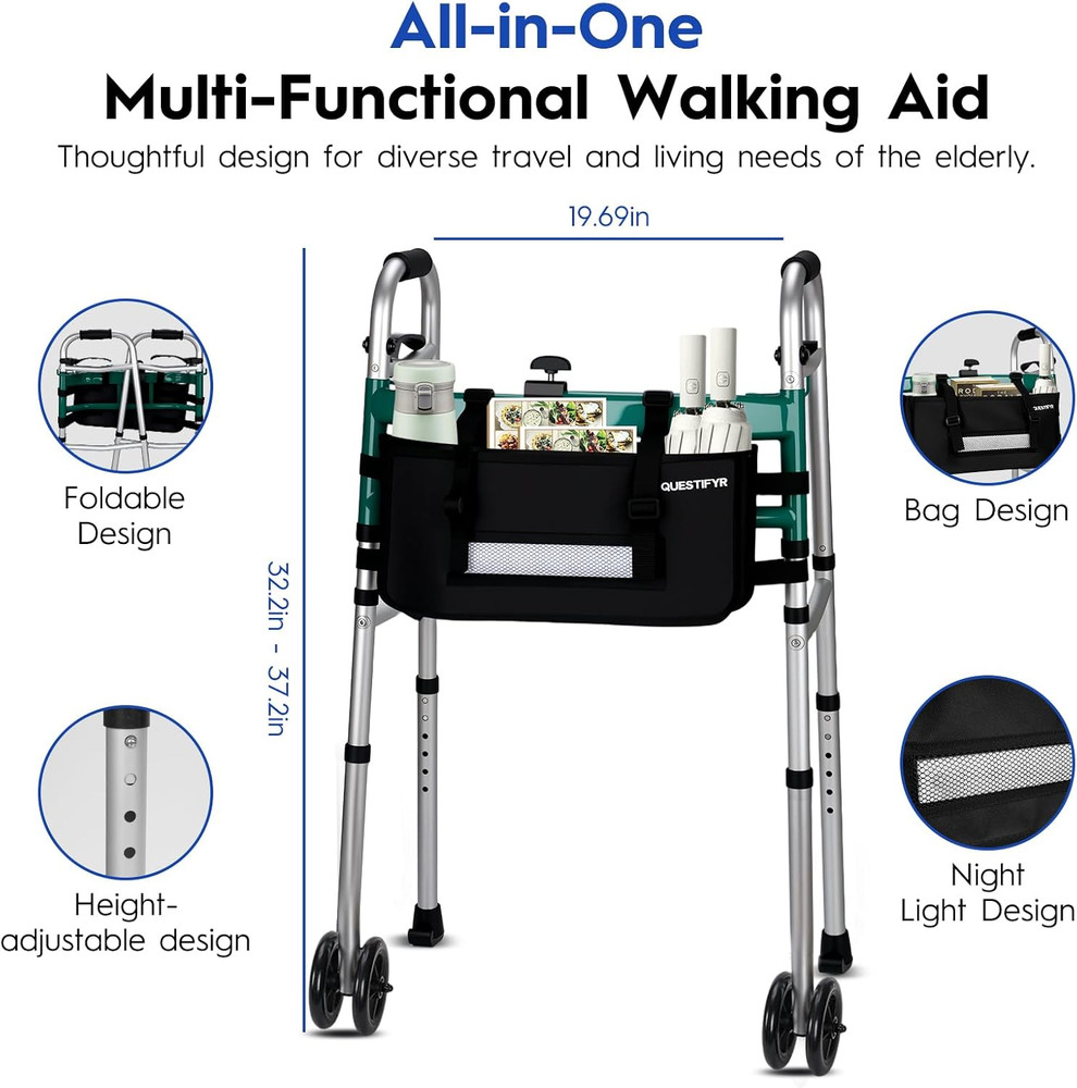 Folding Dual-Wheel Walker for Seniors with Motion Sensor Night Light & Storage B