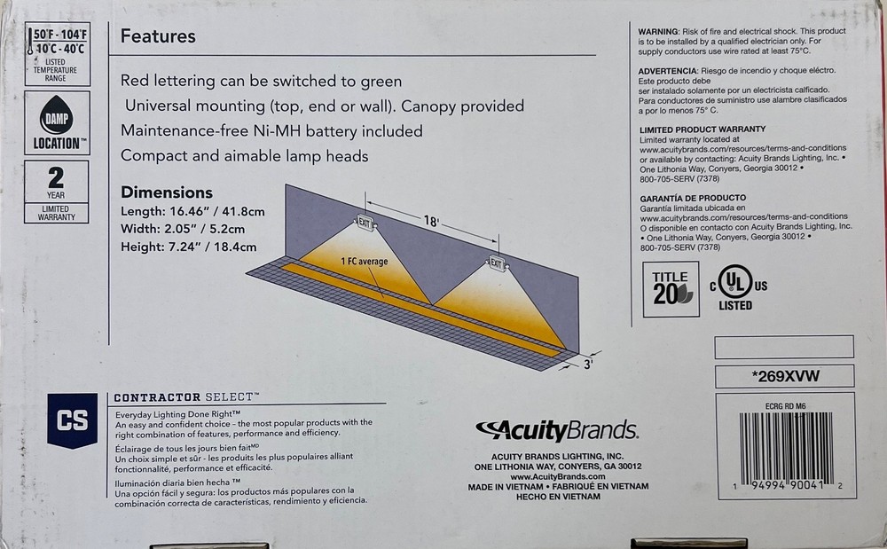 LITHONIA LED EXIT/EMERGENCY LIGHT SIGN COMBO ADJUSTABLE OPTICS, 269XVW - NEW