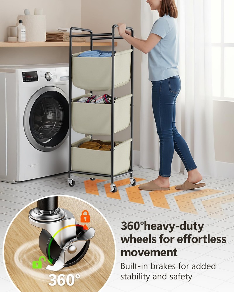 Moforoco Vertical Laundry Sorter 3 Section with Removable With Wheel, Beige
