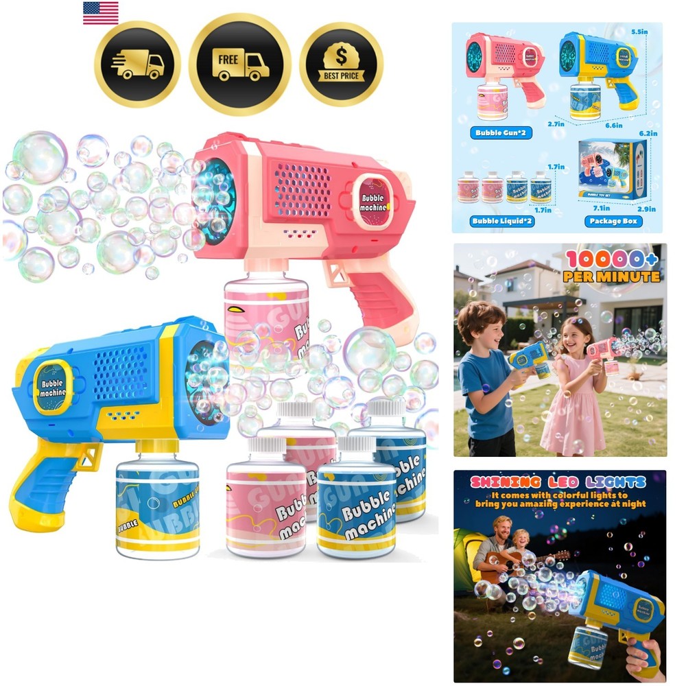 2 Pack Bubble Guns with 4 Bottles Solution, Automatic Bubble Machine Blaster ...