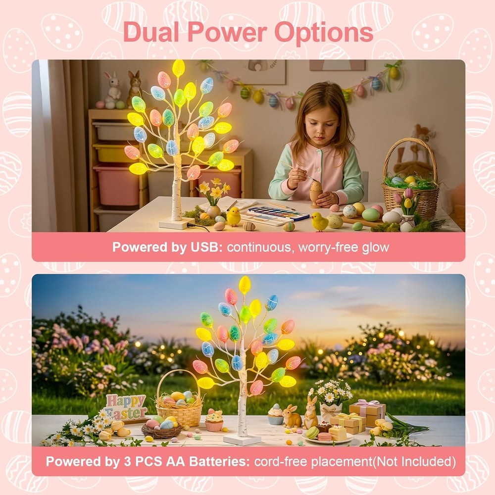 Easter Decorations - 2 FT Artificial Birch Tree with 24 Warm Led Light Colorful