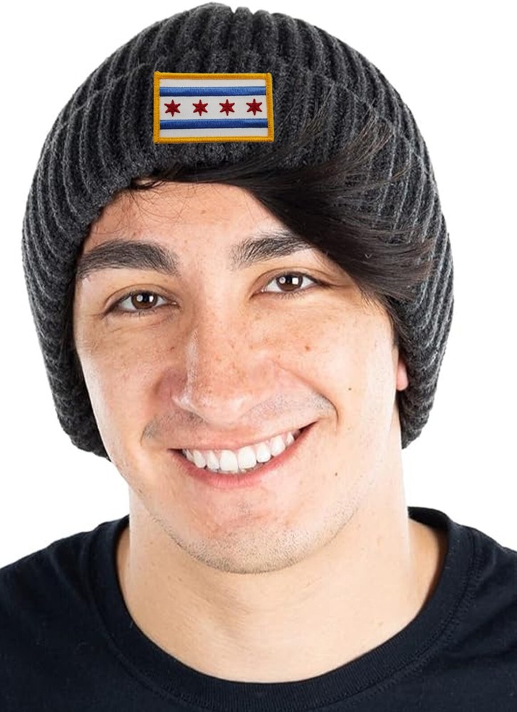 Chicago Flag Patch Cuffed Ribbed Beanie Hat Gold Border Dark Grey