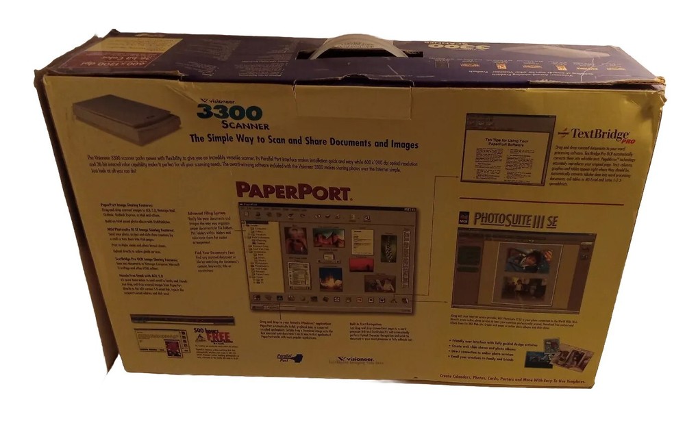 VISIONEER 3300 FLATBED SCANNER - NEW IN BOX - PARALLEL PORT, COMPLETE.