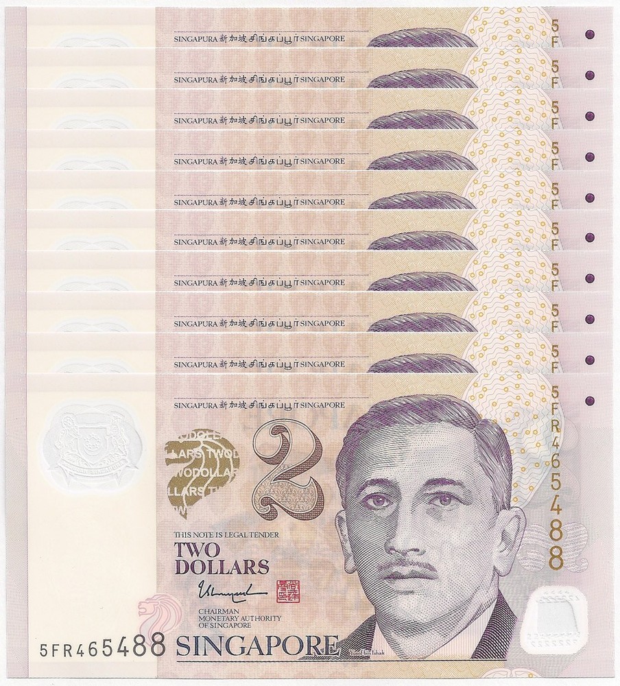 SINGAPORE 2 Dollars X 10 PCS w/3 Solid Star 2019 P-46 Polymer UNC Uncirculated