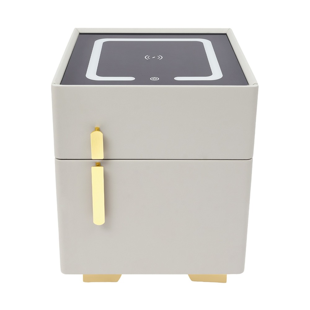 Smart Nightstand With Safe Box And 3-Color Light,Wireless Charging USB Grey