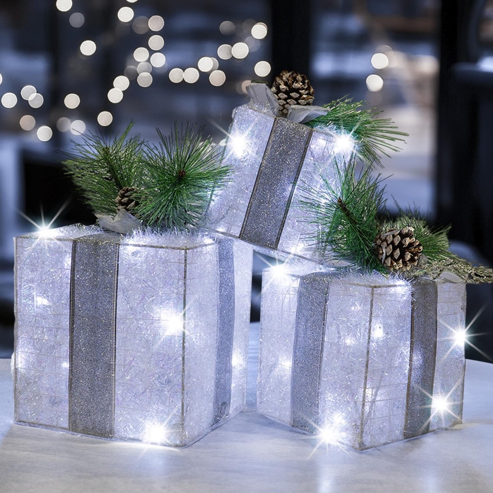Set of 3 Christmas Lighted Gift Boxes, Pre-lit 60 LED Light Up Present Boxes ...