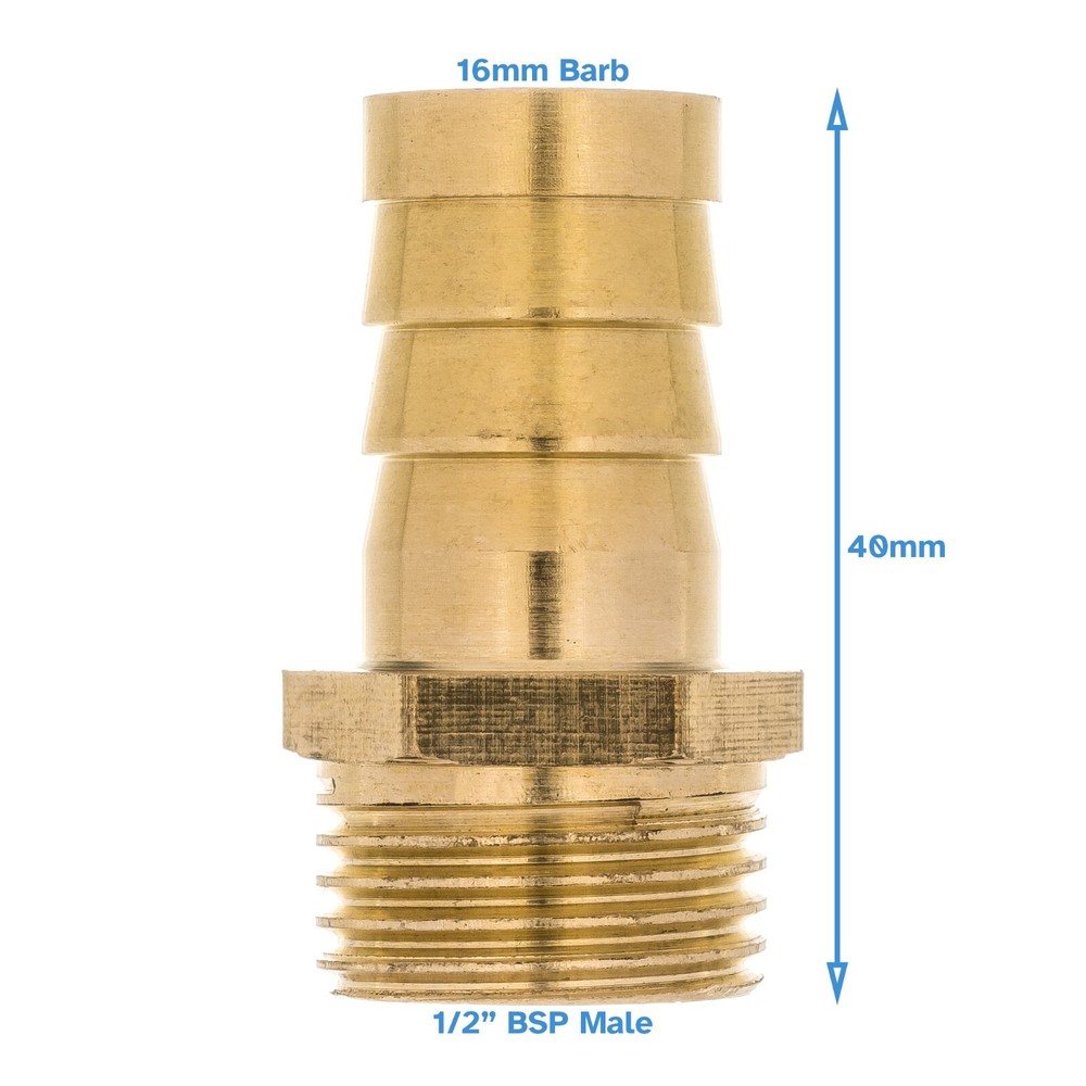 Brass 16mm Barb Hose - 1/2" BSP Male Threaded Pipe Fitting Tail Connector Thread