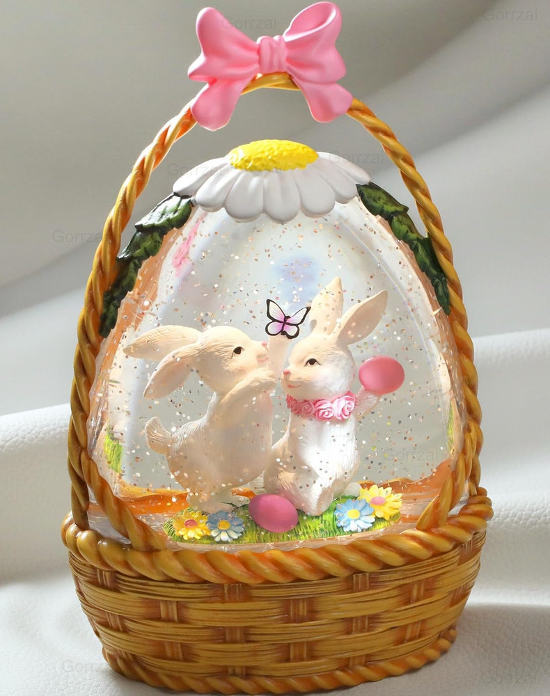 Easter Snow Globe Lantern Lighted Easter Bunny Eggs USB Battery Timer Glitter