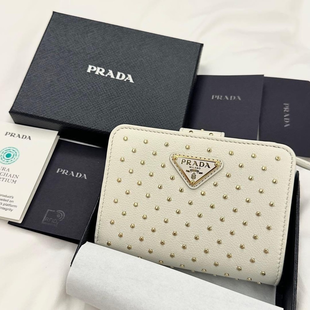 PRADA Studded Leather Bi-Fold Wallet White