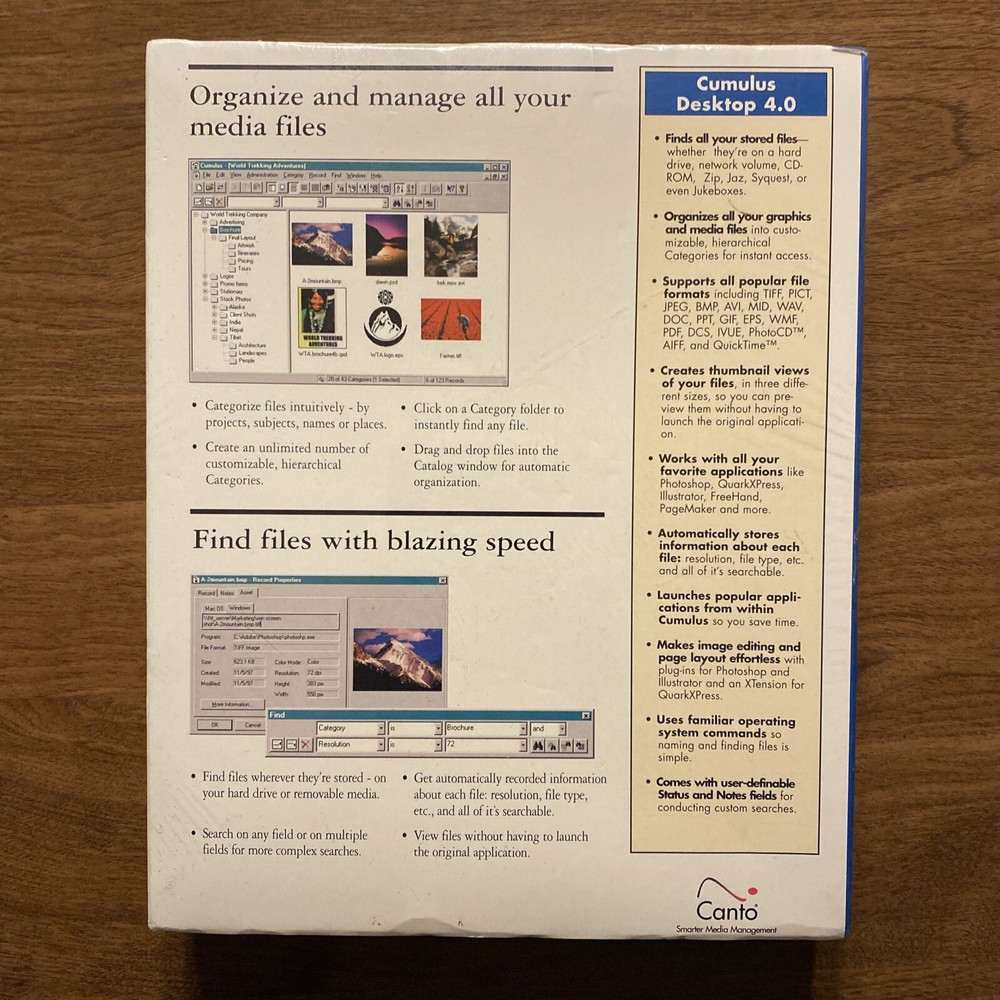 Canto Cumulus Media Management System Software Desktop 4.0 Windows 95 NT Mac A8