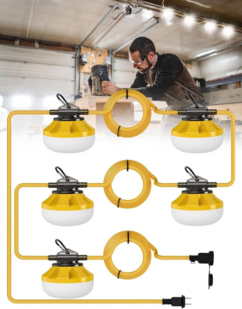 50FT Construction String Lights, 5 Bulbs, IP65 Waterproof, Linkable