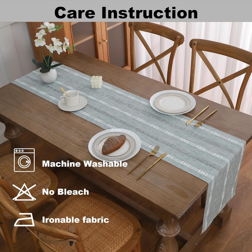 Gernaice Boho Table Runner, Embroidered Cotton 13" X 60", Grey