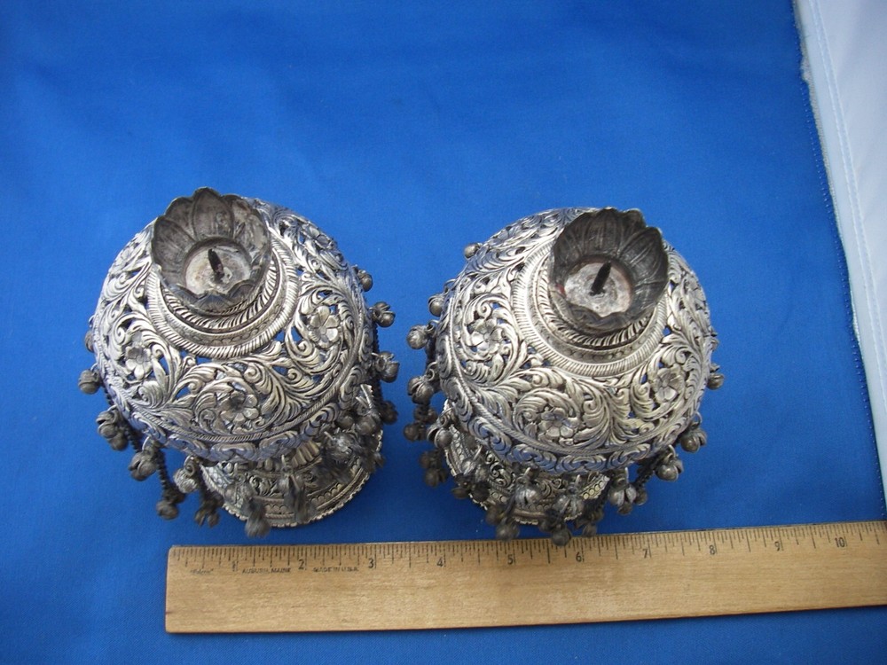 Old PAIR INDIAN Silver PALM / UMBRELLA Shaped CANDLESTICKS-Pierced-Bell Dangles